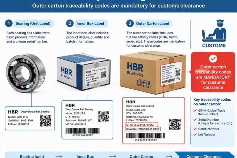 Diagram showing the hierarchy of bearing labels with outer carton traceability codes highlighted as mandatory for customs clearance