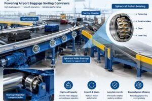Diagram showing the integration of spherical roller bearings within an airport baggage sorting conveyor system