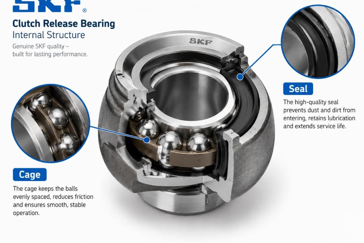 Diagram showing the internal structure of a genuine SKF clutch release bearing highlighting the cage and seal