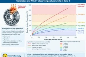 Diagram showing the relationship between bearing friction heat generation and ATEX T-class temperature limits in Zone 1