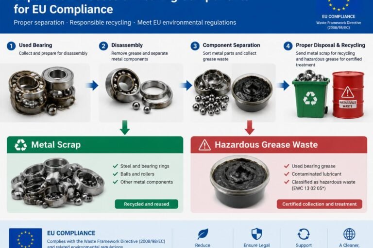 Diagram showing the separation process of bearing components into metal scrap and hazardous grease waste for EU compliance