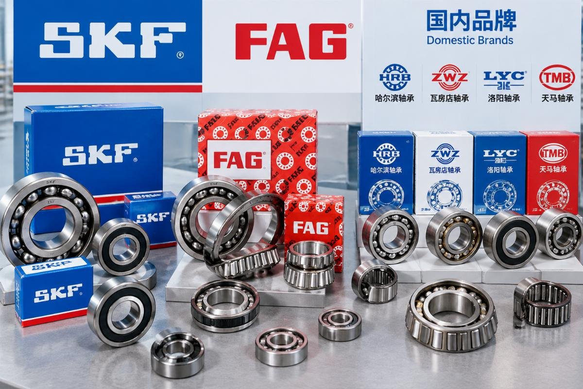 Display of various bearing brands including SKF, FAG, and domestic lines