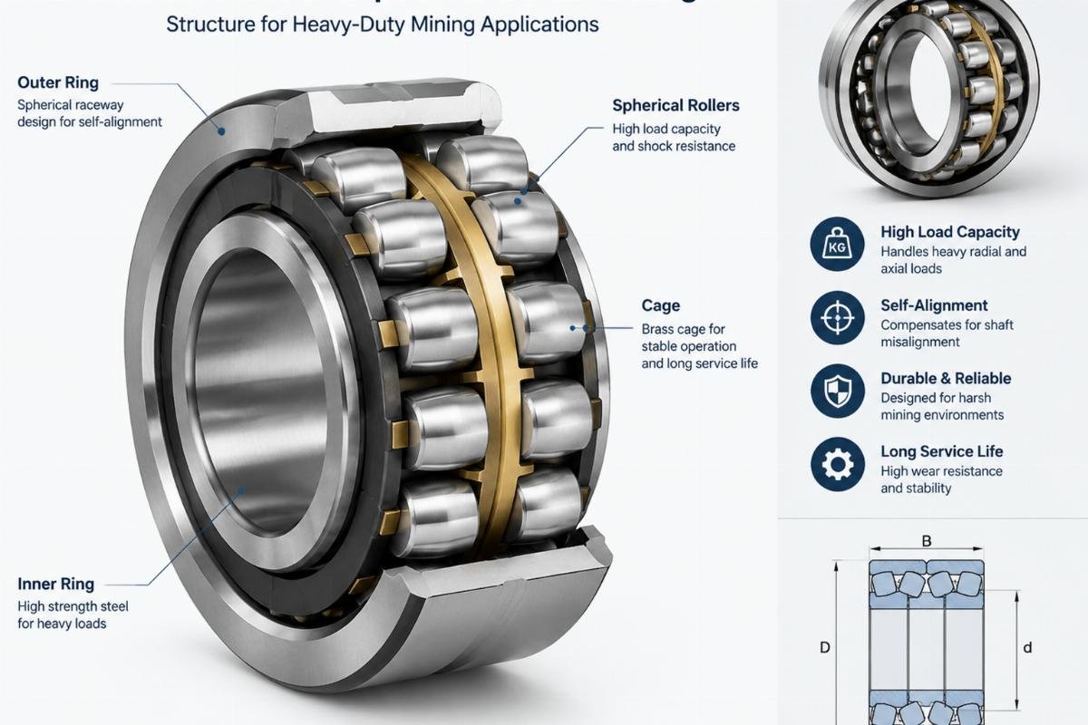 Double-row 24040 spherical roller bearing structure for heavy-duty mining applications