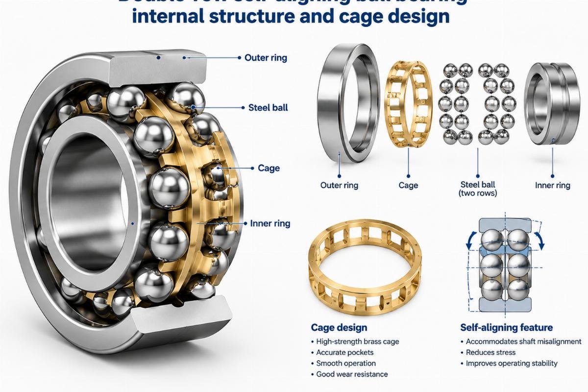Double-row self-aligning ball bearing internal structure and cage design