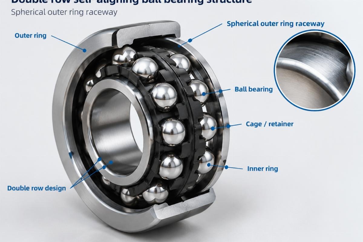 Double row self-aligning ball bearing structure showing spherical outer ring raceway