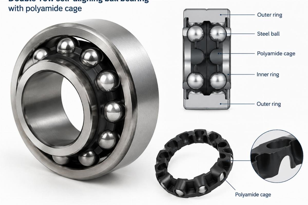 Double-row self-aligning ball bearing structure with polyamide cage