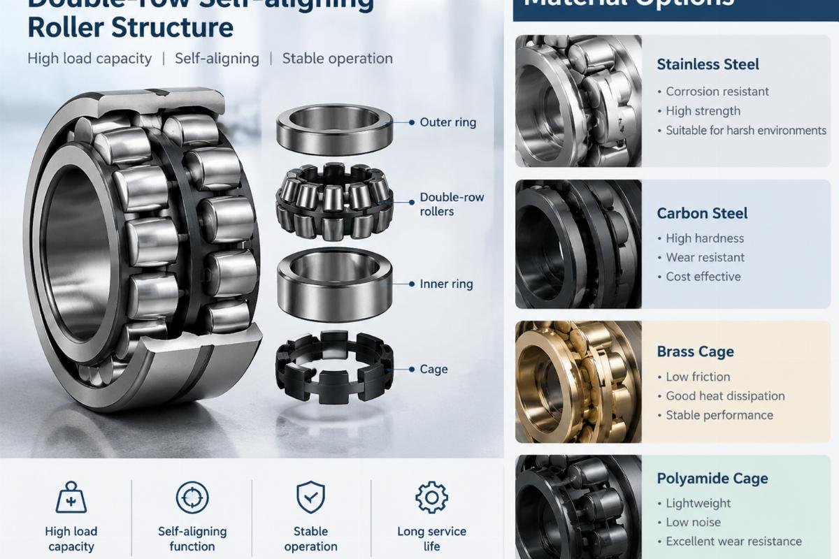 Double-row self-aligning roller structure and material options