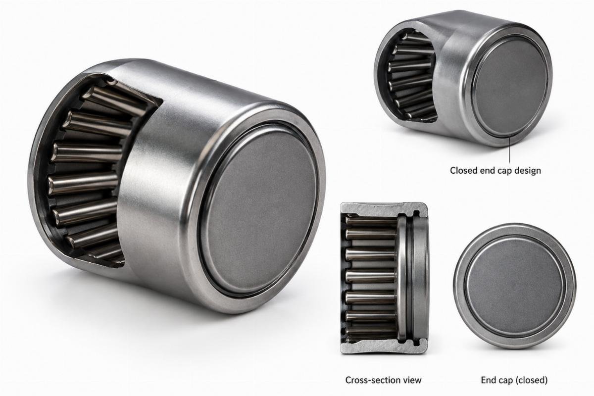 Drawn cup needle roller bearing without outer ring showing closed end cap design