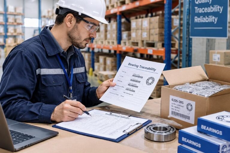 Engineer inspecting bearing traceability documents and packaging in a warehouse