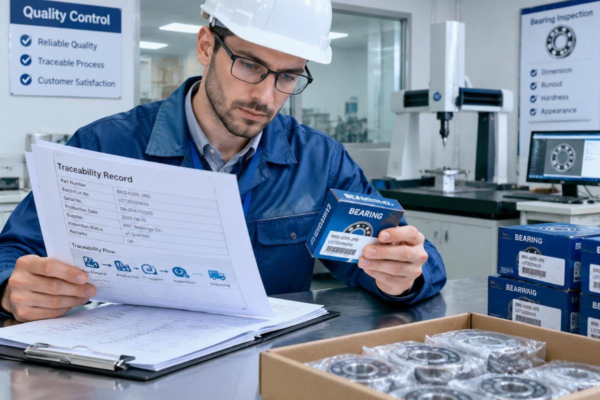 Engineer reviewing traceability documents and inspecting bearing packaging in a quality control lab