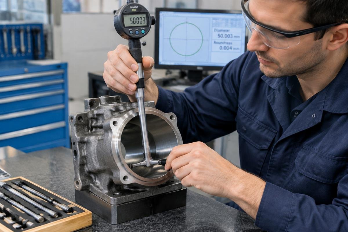 Engineer using a bore gauge to check the diameter and roundness of a bearing housing seat