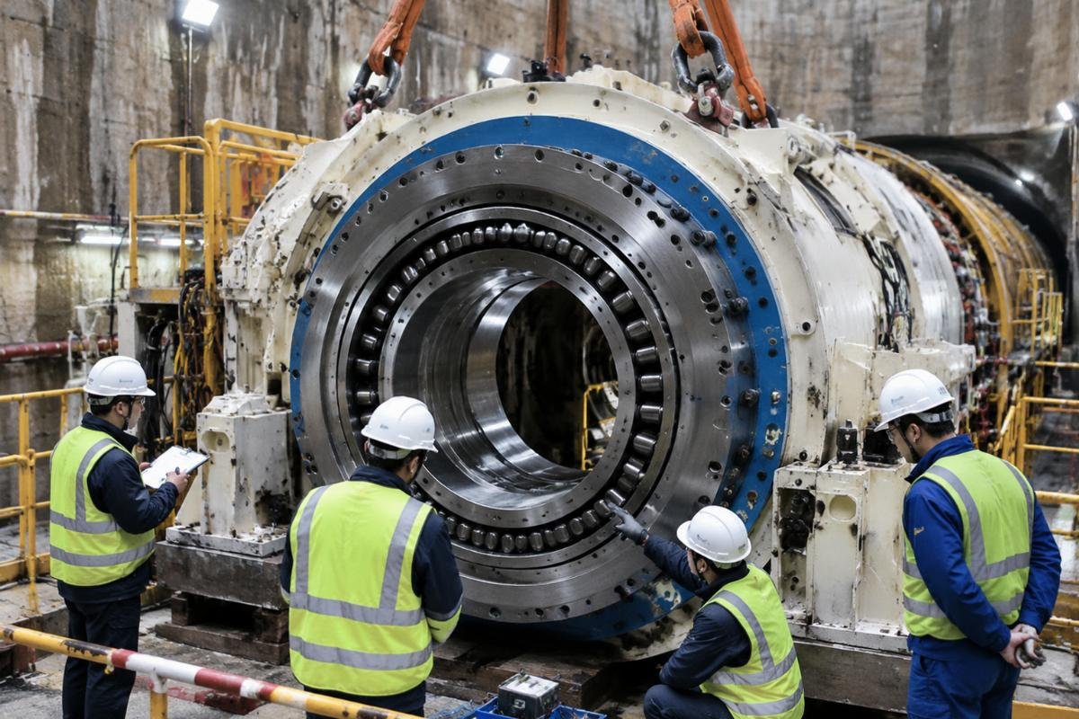 Engineers inspecting a large shield machine main bearing assembly during installation in a tunnel shaft