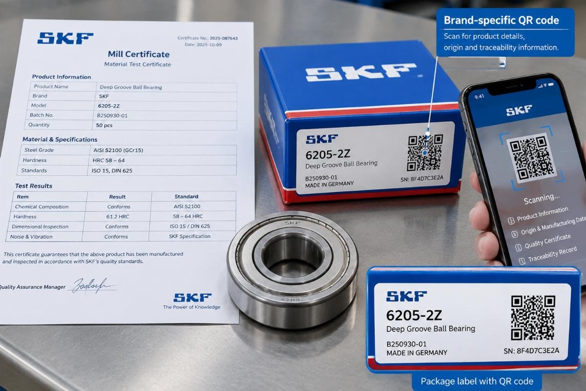 Example of a mill certificate and a brand-specific QR code on a bearing package, demonstrating the key elements of traceability documentation