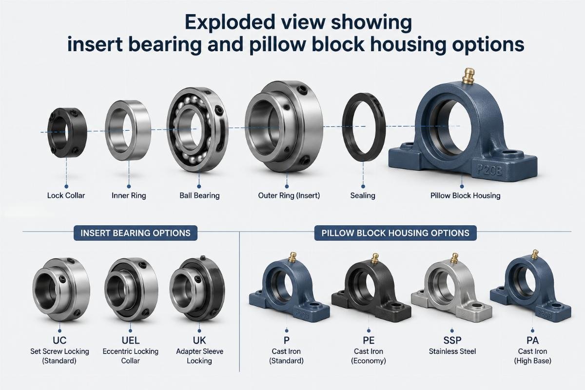 Exploded view showing insert bearing and pillow block housing options