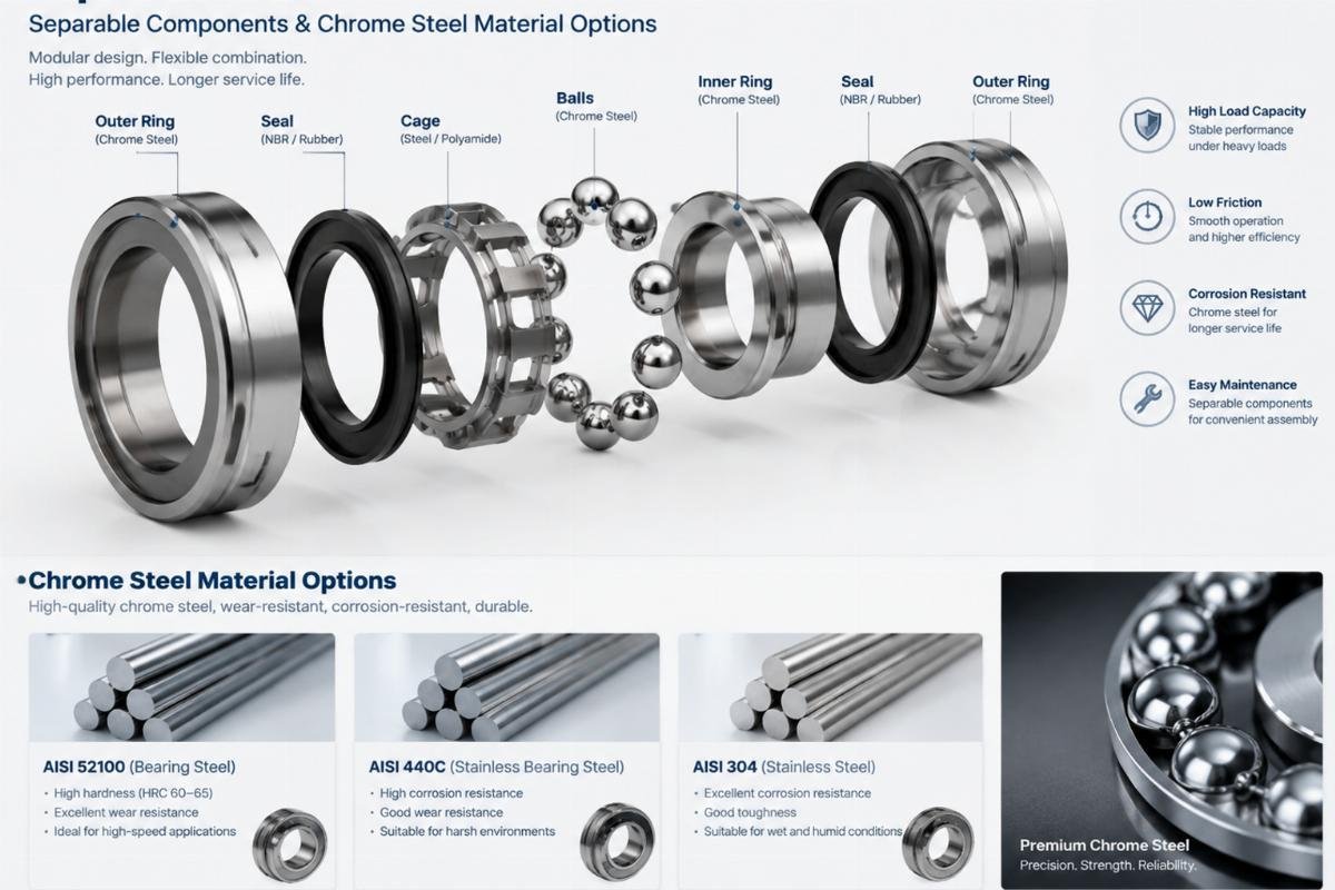 Exploded view showing separable components and chrome steel material options