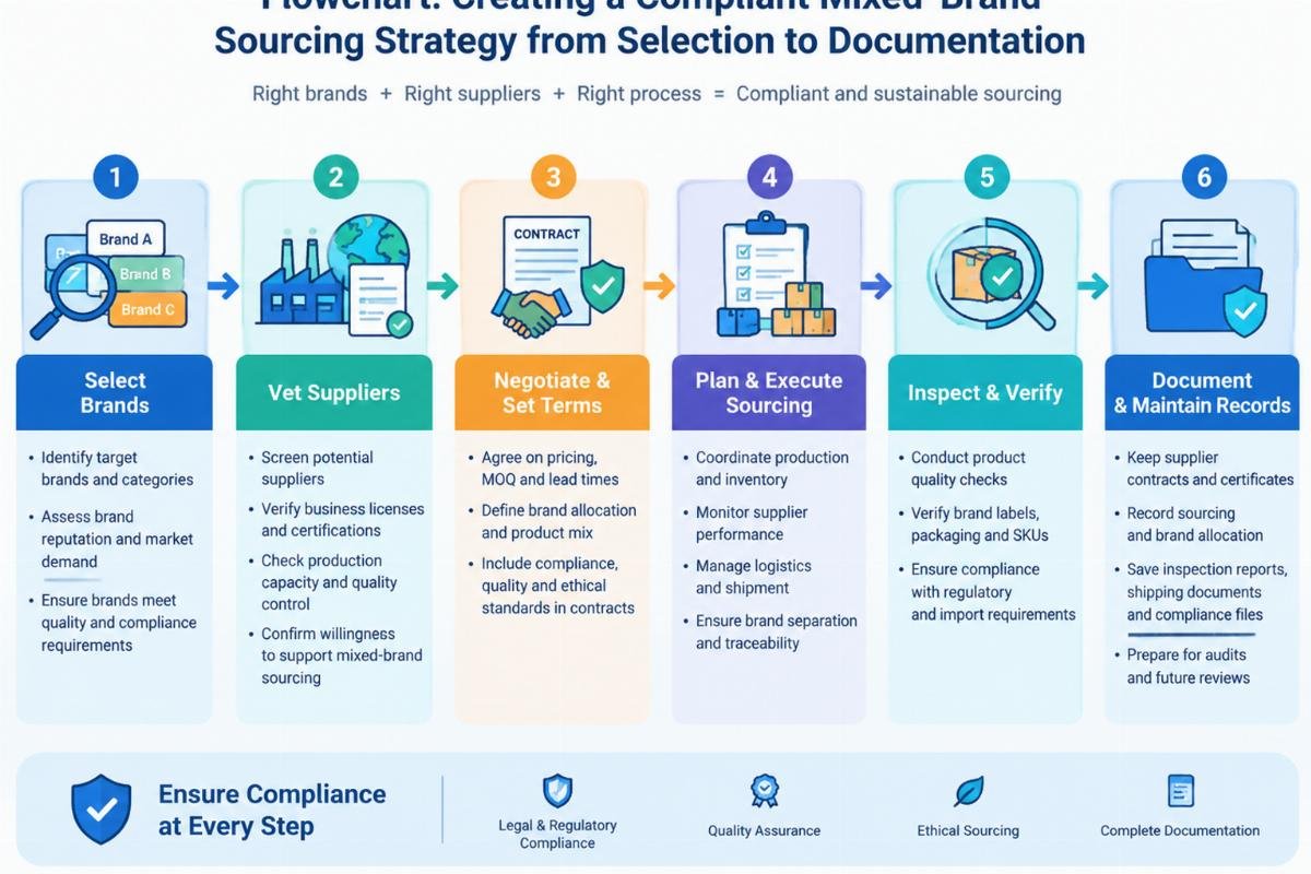 Flowchart demonstrating the steps for creating a compliant mixed-brand sourcing strategy from selection to documentation