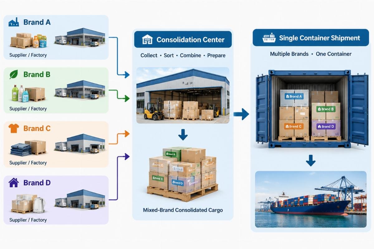 Flowchart illustrating the consolidation process from multiple brand sources to a single mixed-brand container shipment