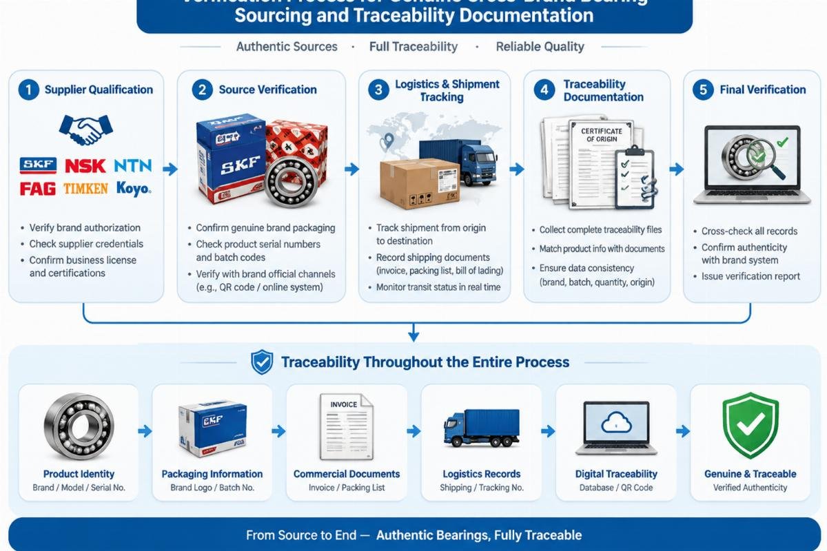 Flowchart showing the verification process for genuine cross-brand bearing sourcing and traceability documentation