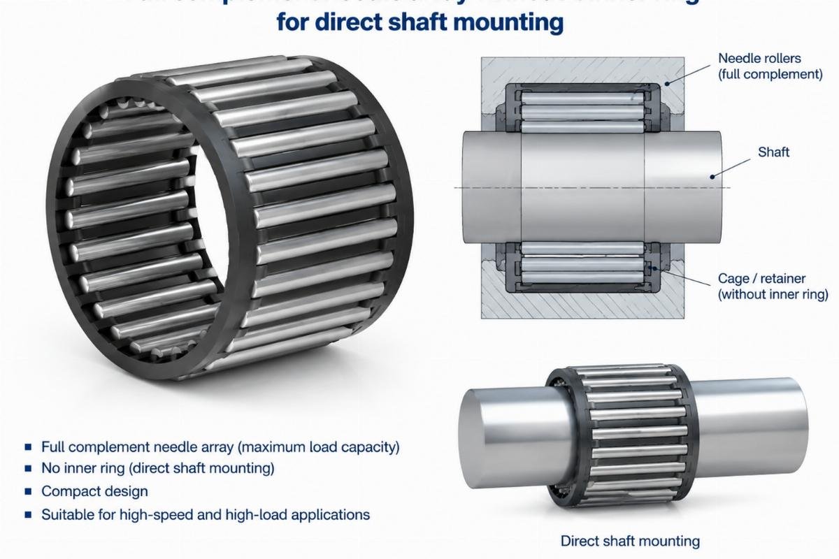 Full complement needle array without inner ring for direct shaft mounting