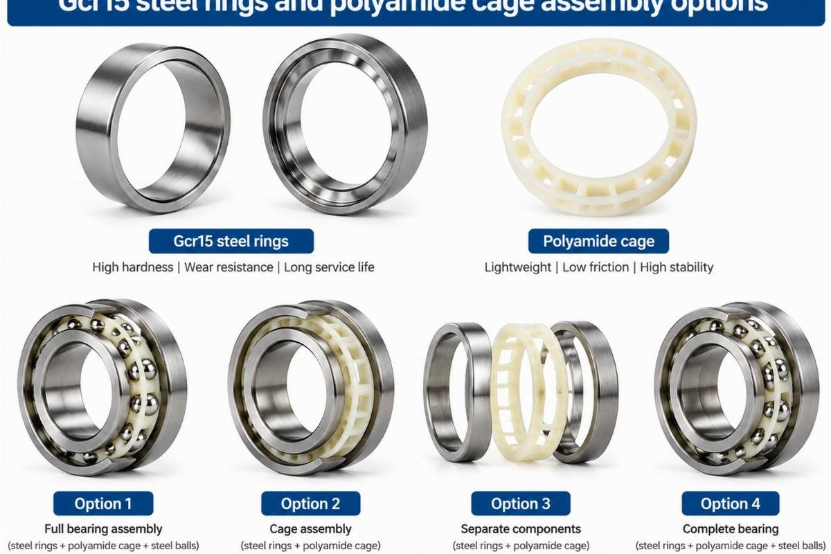 Gcr15 steel rings and polyamide cage assembly options