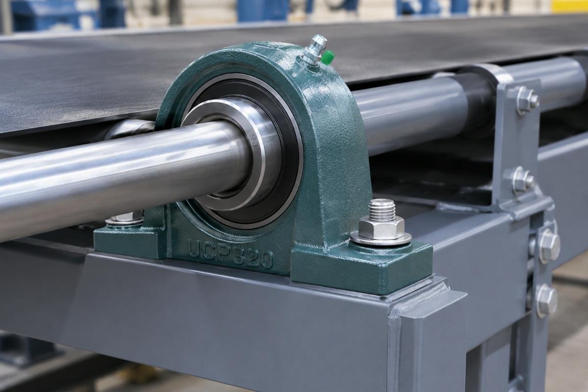 Genuine UCP320 pillow block bearing mounted on a conveyor frame