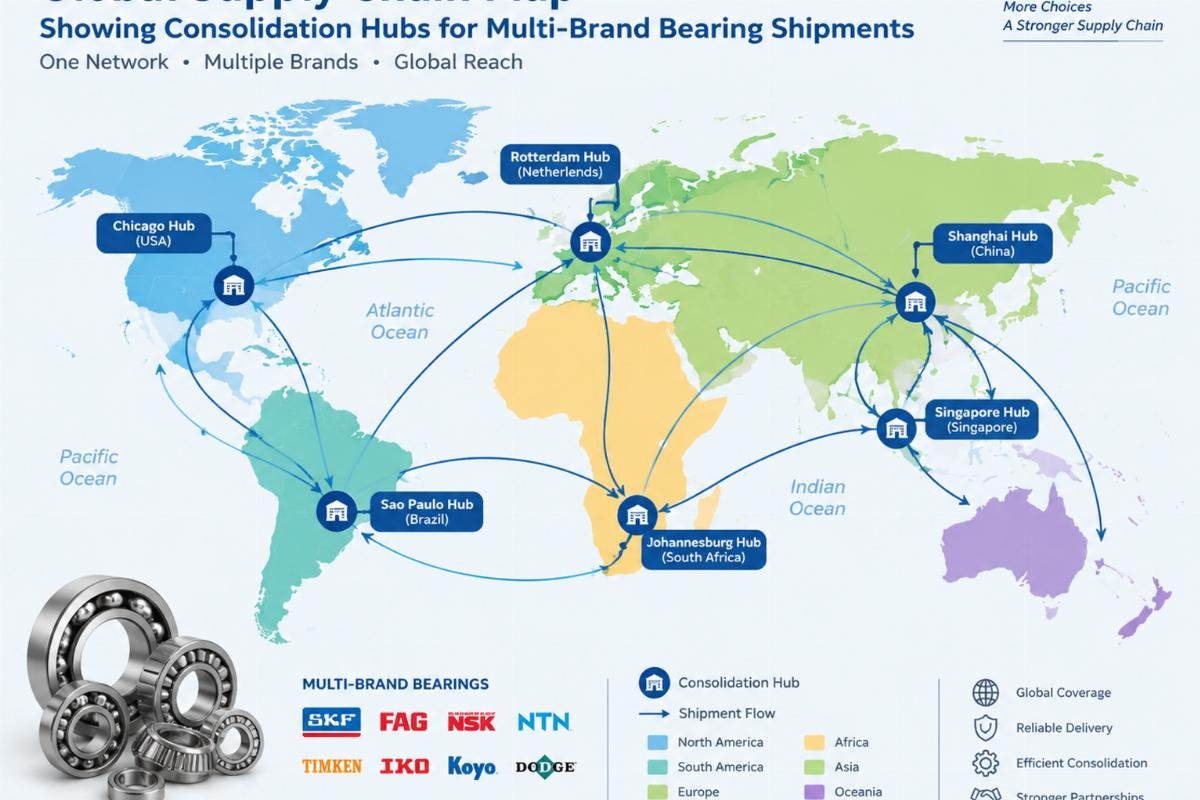 Global supply chain map showing consolidation hubs for multi-brand bearing shipments