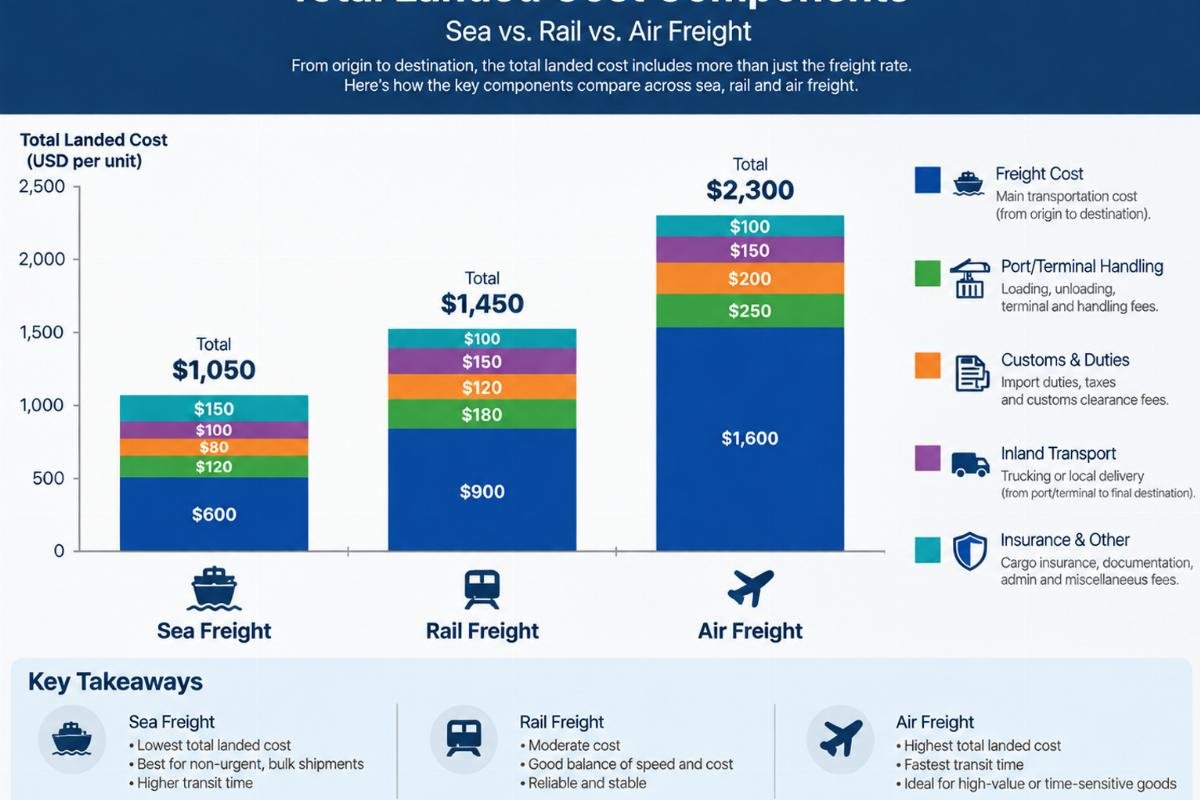 Graph comparing total landed cost components for sea, rail, and air freight