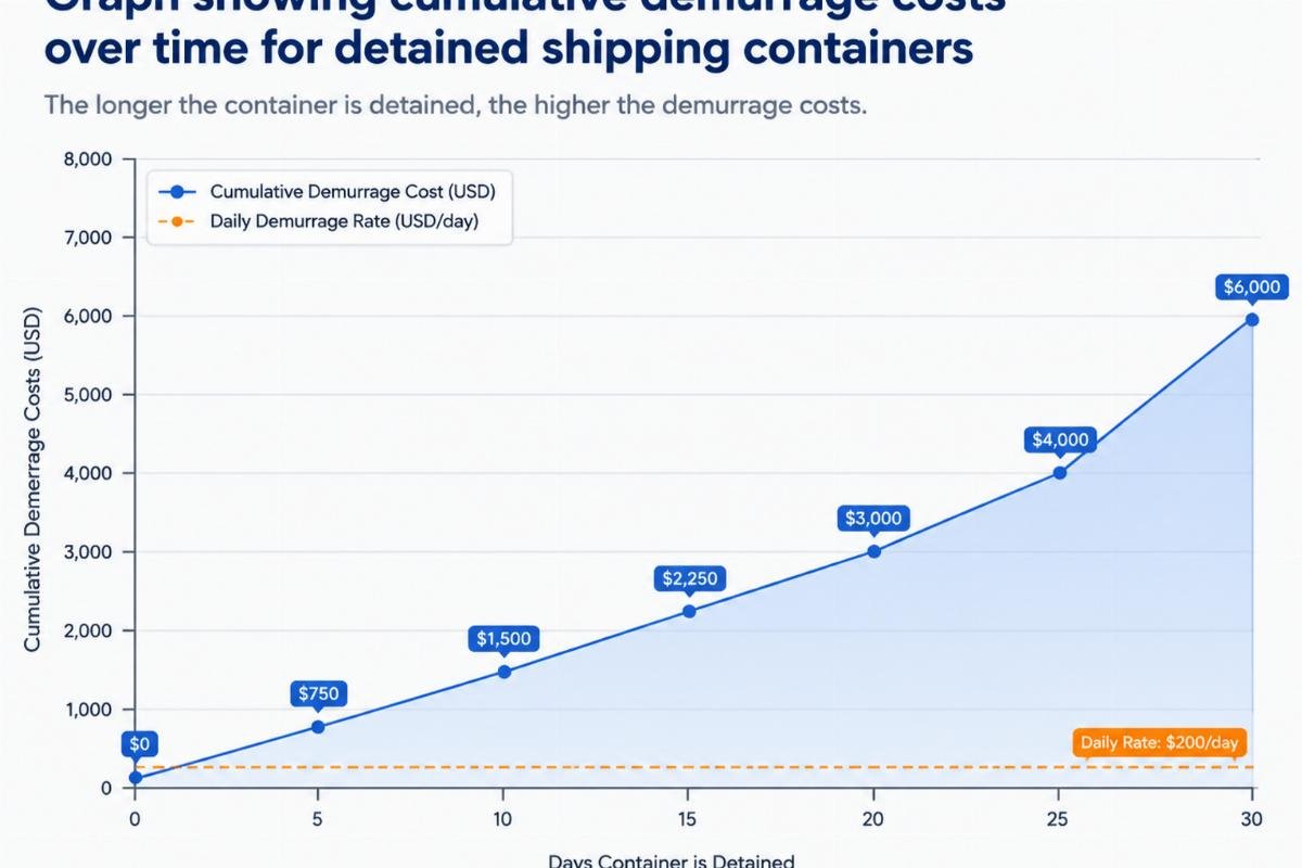 Graph showing cumulative demurrage costs over time for detained shipping containers