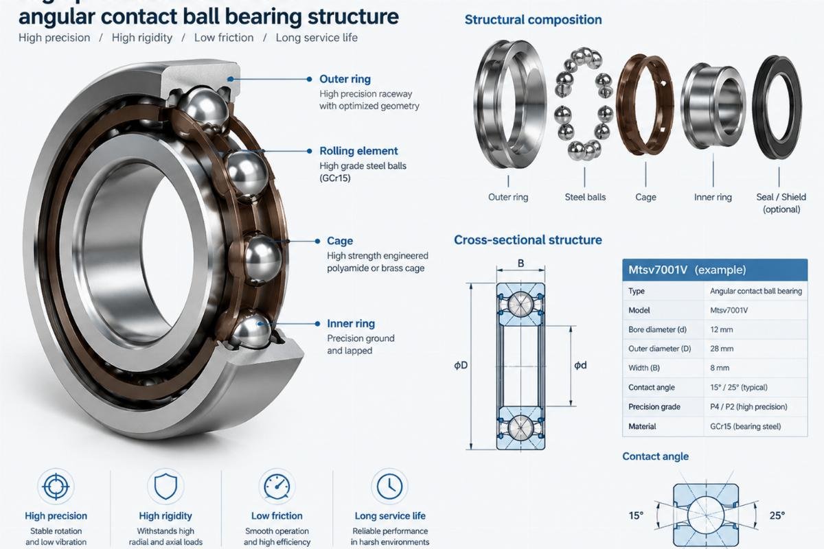 High precision Mtsv7001V angular contact ball bearing structure