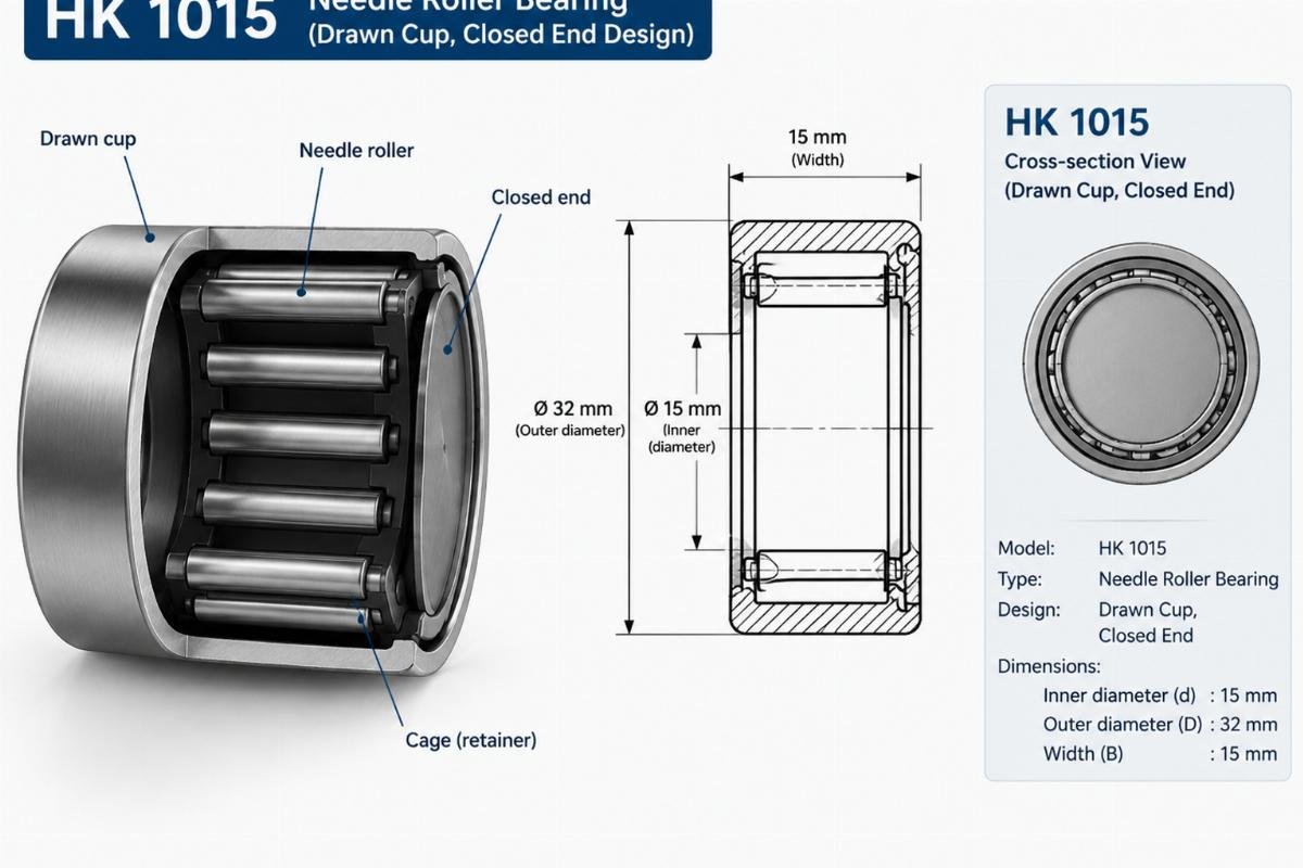 HK 1015 needle roller bearing cross-section showing drawn cup and closed end design