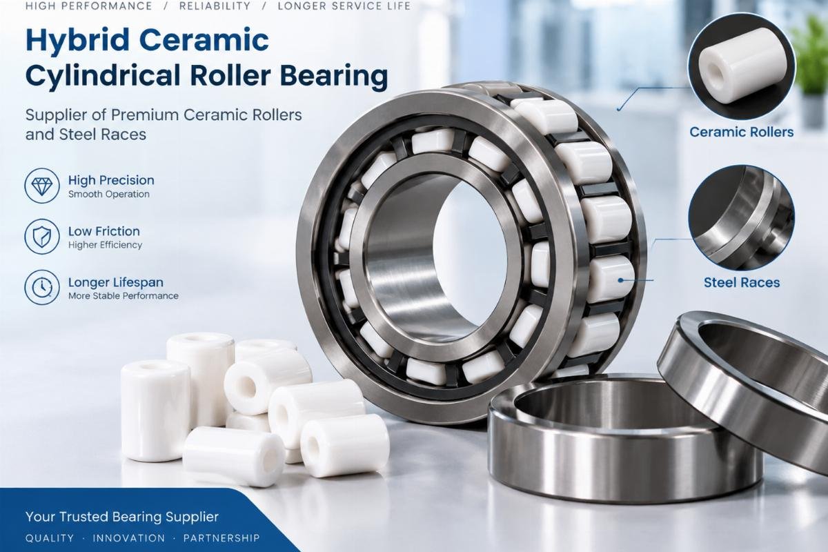 Hybrid ceramic cylindrical roller bearing supplier showcasing ceramic rollers and steel races