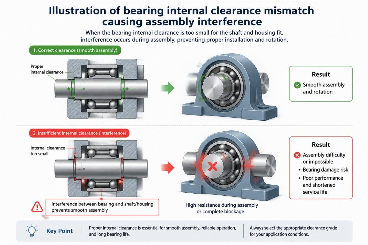 Illustration of bearing internal clearance mismatch causing assembly interference