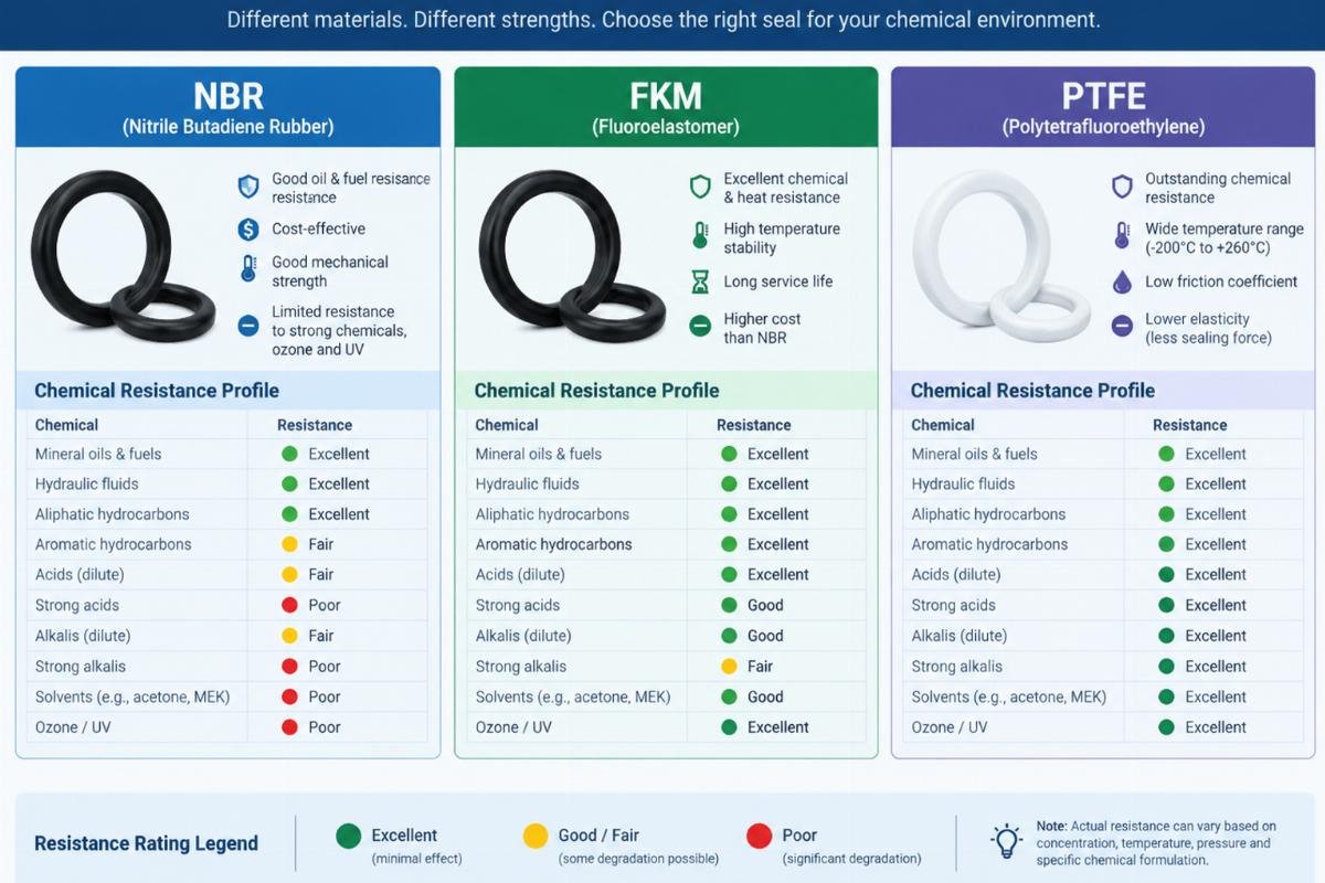 Illustration of different seal materials (NBR, FKM, PTFE) and their chemical resistance profiles