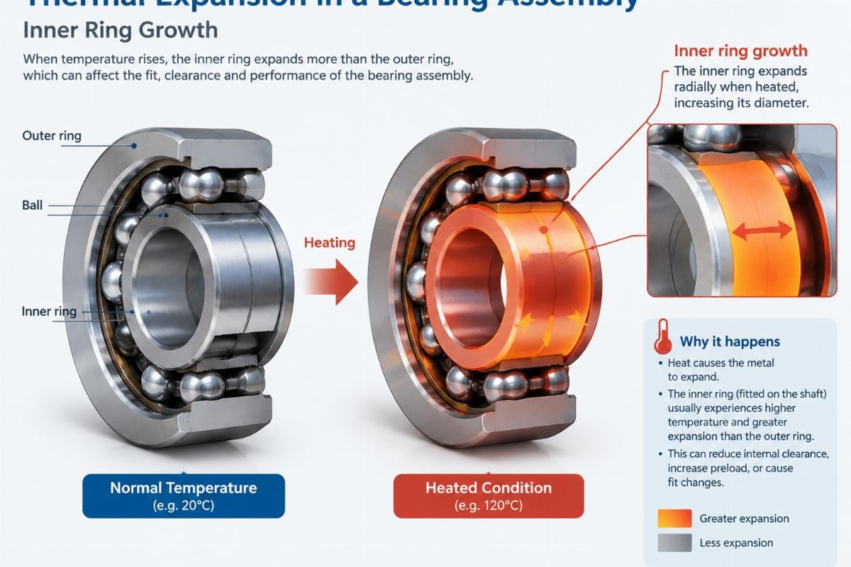 Illustration of thermal expansion in a bearing assembly showing inner ring growth