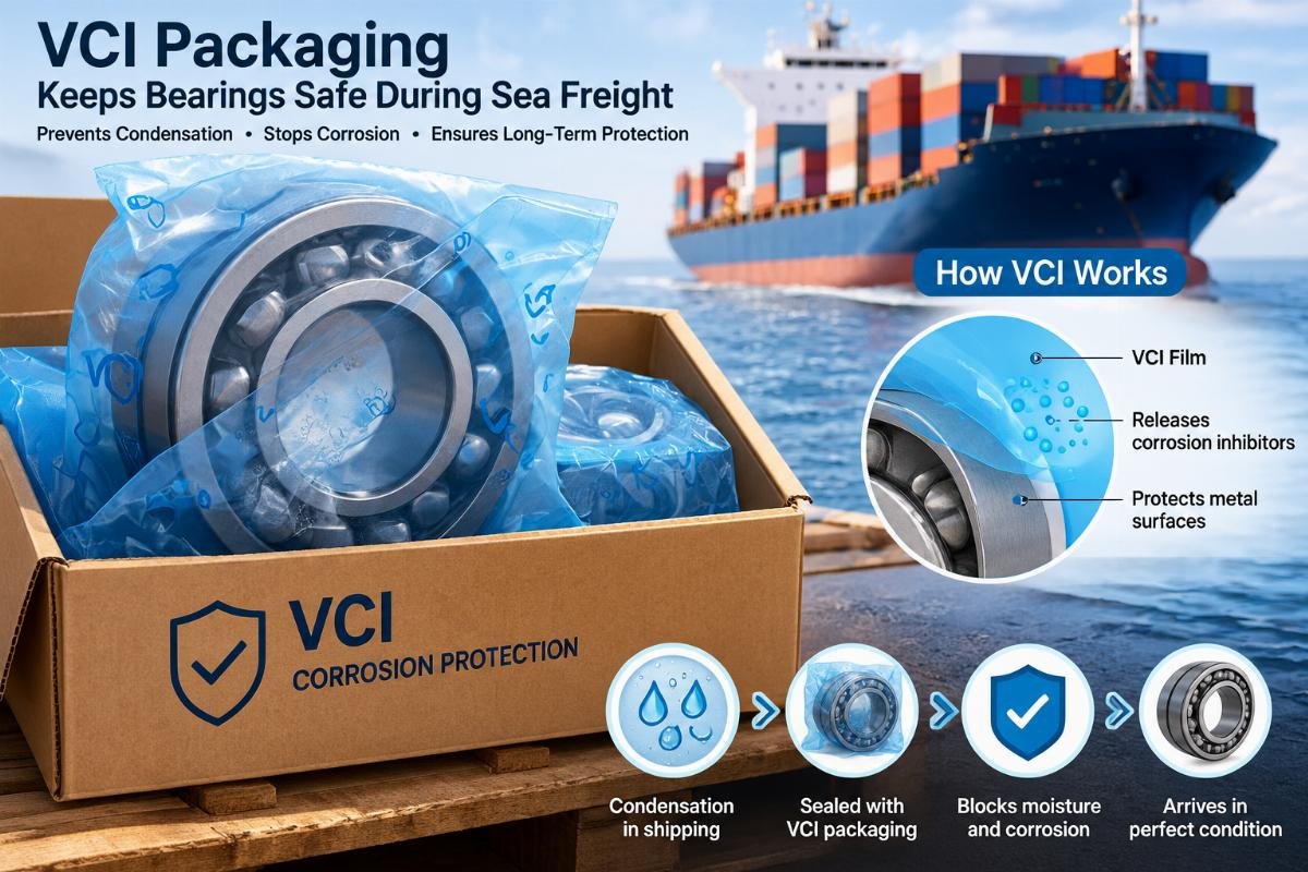 Illustration of VCI packaging protecting bearings from condensation during sea freight