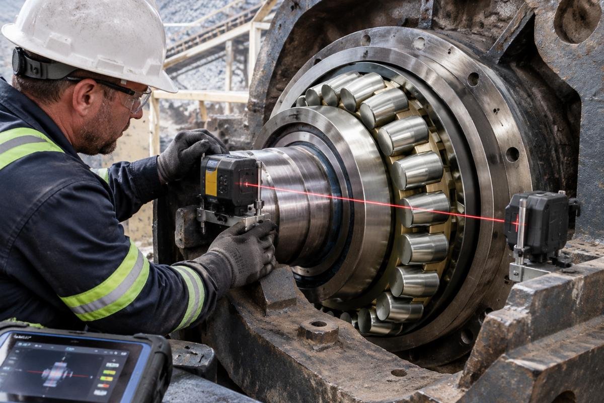 Image of a technician using a laser alignment tool to install a large spherical roller bearing in a mining crusher