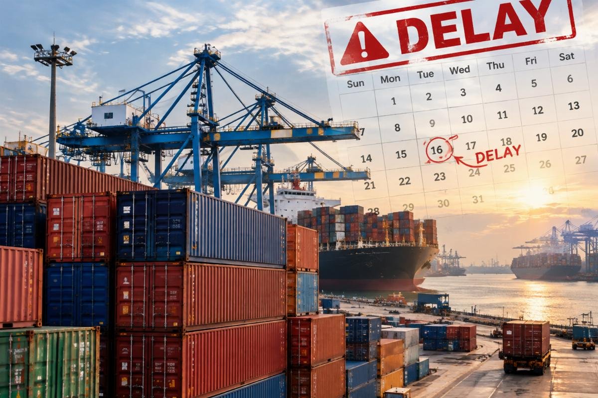 Image of stacked shipping containers at a busy port with a calendar overlay indicating delay