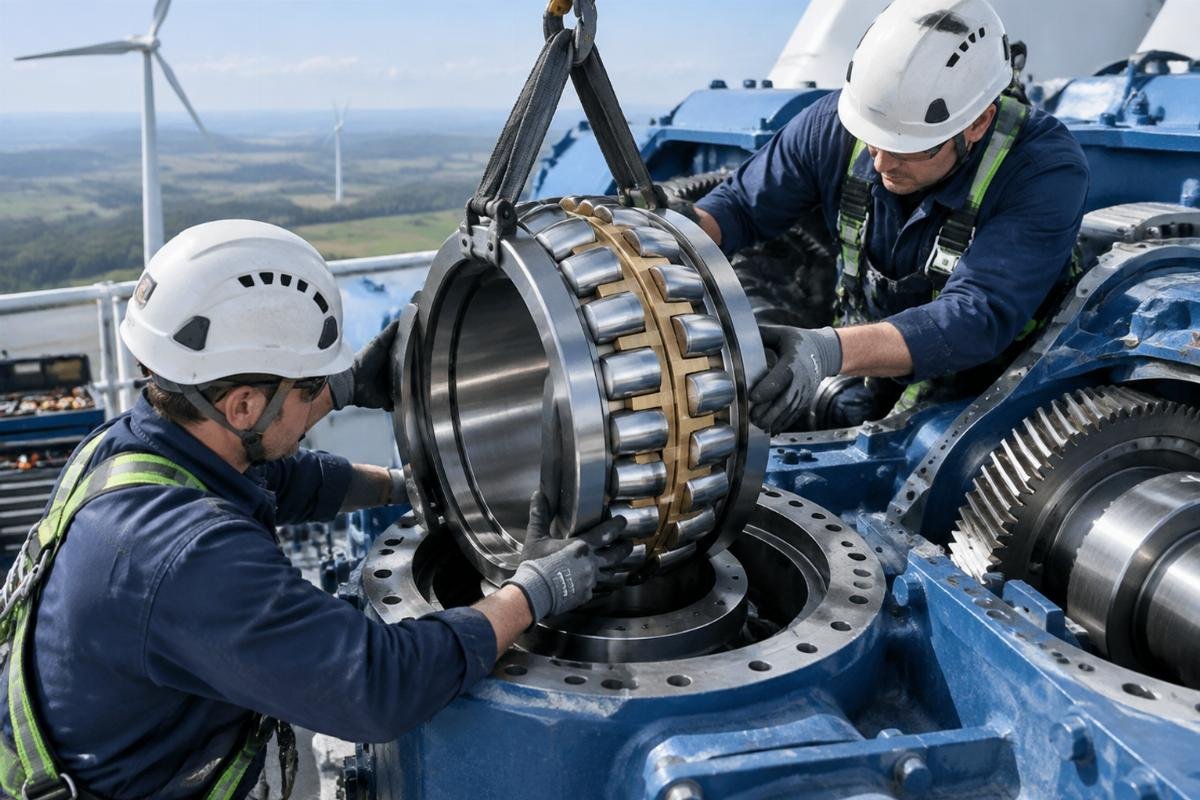 Industrial wind turbine gearbox maintenance scene showing large spherical roller bearings being installed