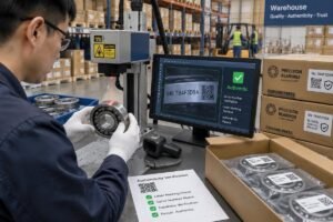 Inspection of bearing laser marking and packaging for authenticity verification in a warehouse