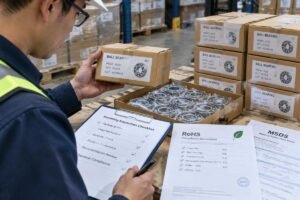 Inspection of bearing packaging and accompanying chemical compliance documents in a warehouse setting