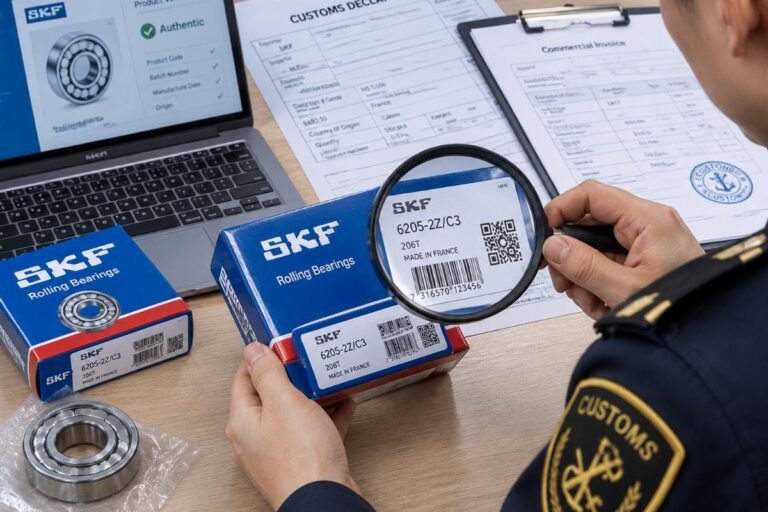 Inspection of bearing packaging codes and customs documentation for authenticity verification