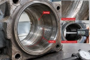 Inspection of damaged bearing housing bore showing scoring and ovality before repair