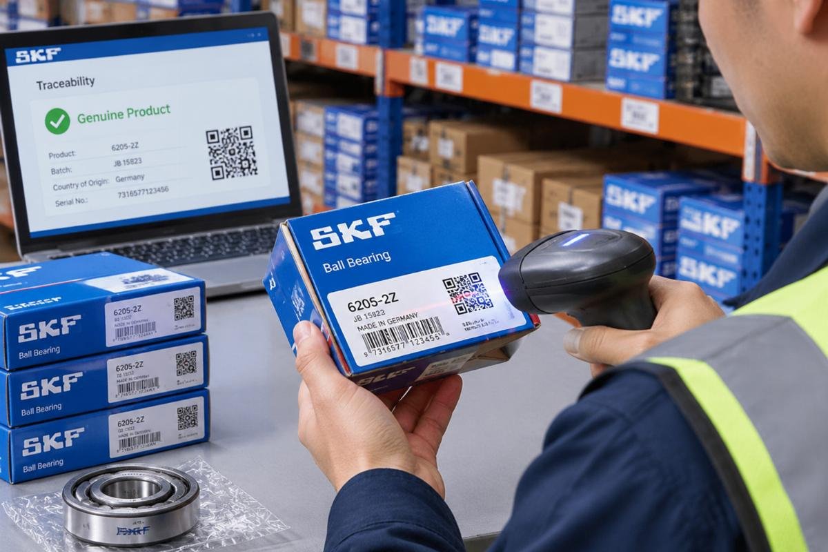 Inspection of genuine bearing packaging and traceability codes in a warehouse