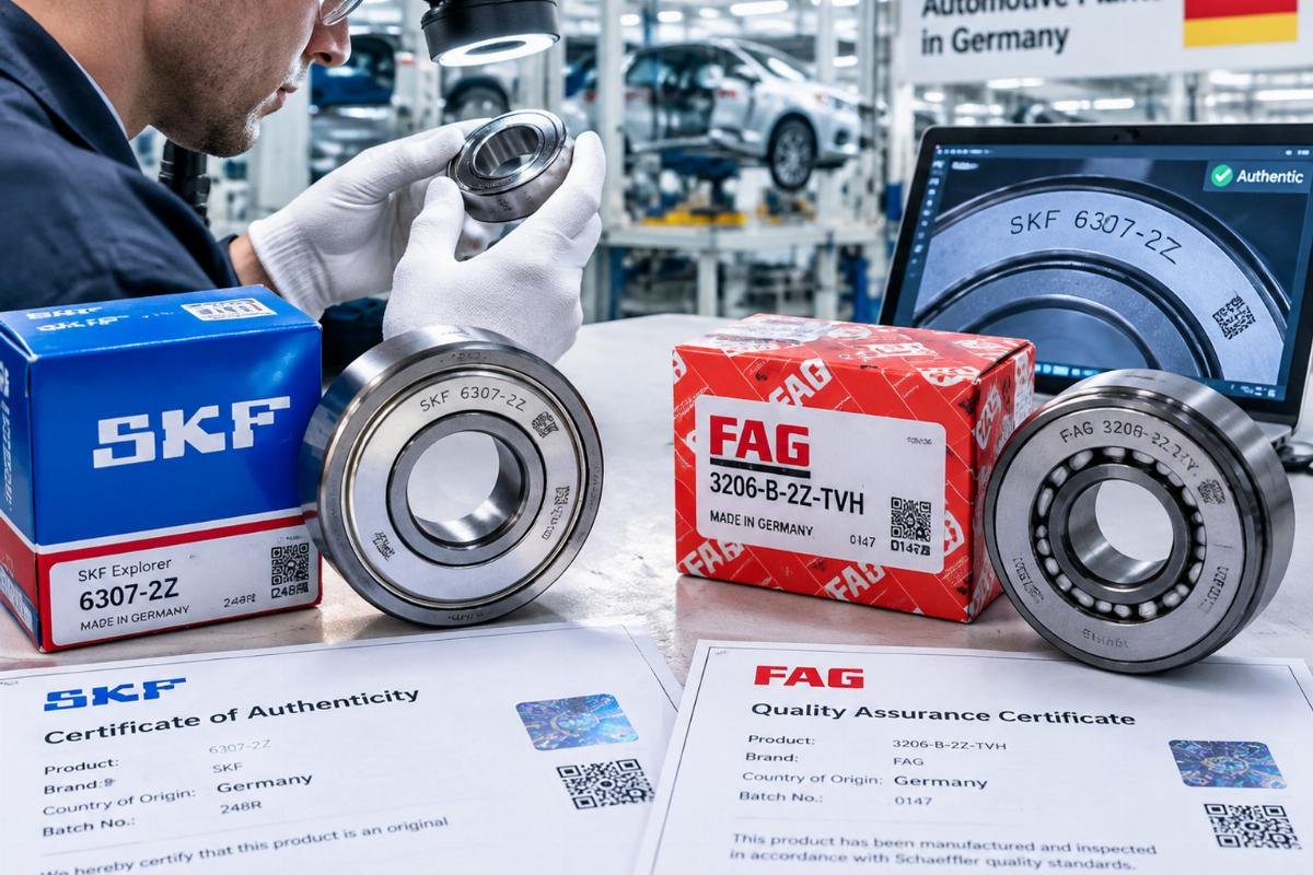 Inspection of genuine SKF and FAG bearings with visible laser markings and documentation for automotive plants in Germany