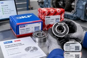 Inspection of genuine SKF and FAG bearings with visible original packaging and traceability codes for European gearbox repair