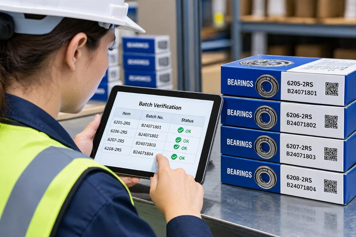 Inspector checking batch numbers on bearing packaging against a digital document