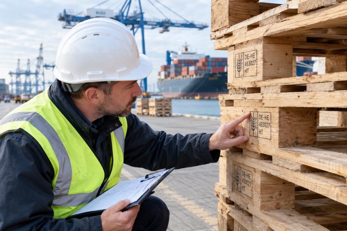 Inspector checking IPPC marks on stacked wooden pallets at a European port terminal