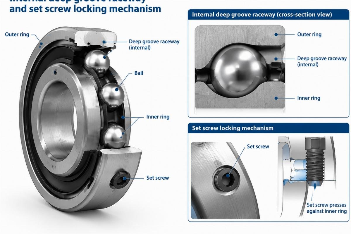 Internal deep groove raceway and set screw locking mechanism
