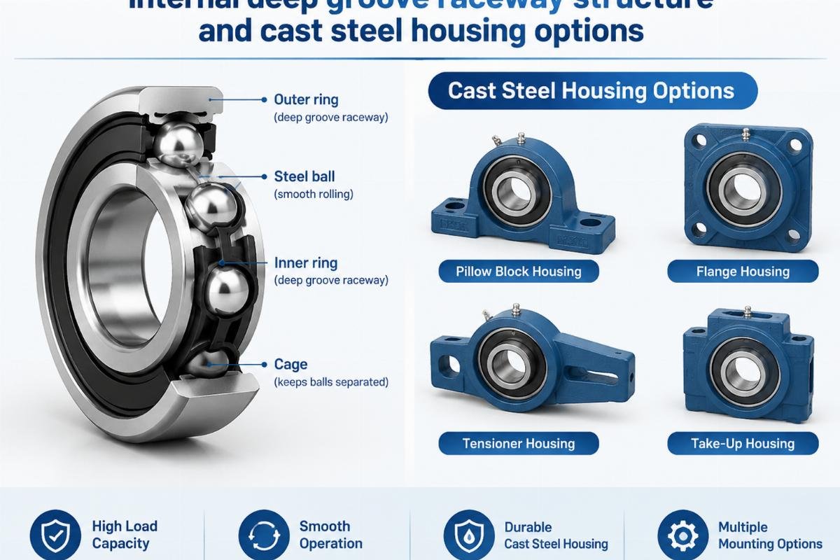 Internal deep groove raceway structure and cast steel housing options