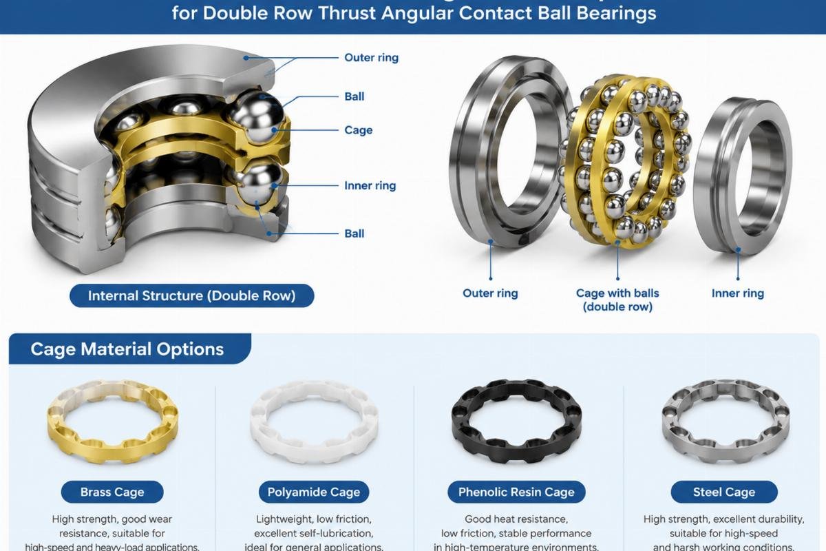 Internal structure and cage material options for double row thrust angular contact ball bearings